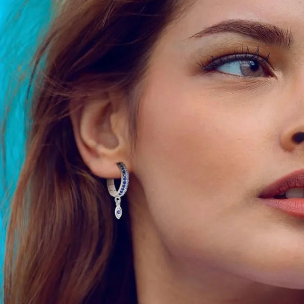 Blue Evil Eye Hoop 925 Sterling Silver Earrings Cubic Zirconia